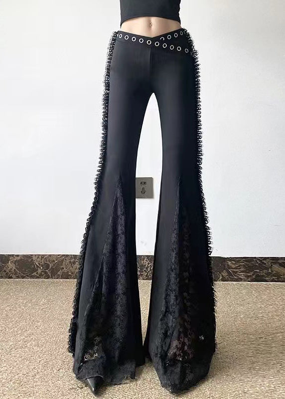 Beautiful Black Eyelash Patchwork Lace Bell-bottom Trousers Pants Spring