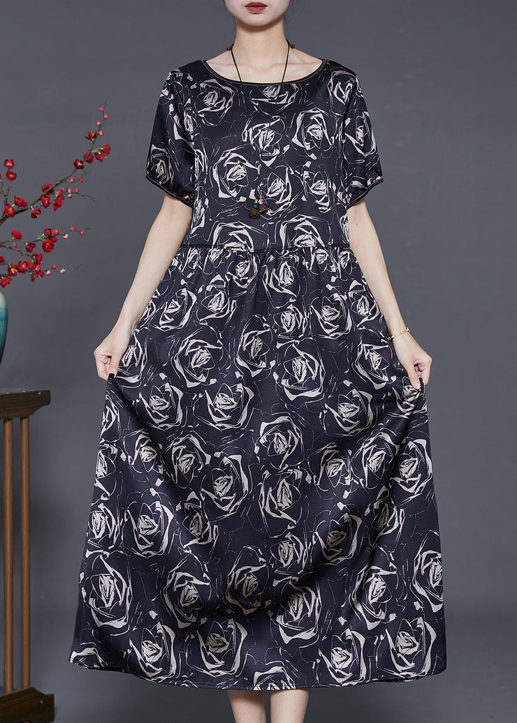 Beautiful Black Floral Silm Fit Silk Long Dresses Summer