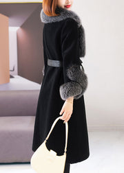 Beautiful Black Fox Collar Tie Waist Woolen Long Coat Winter