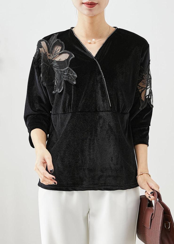 Beautiful Black Hollow Out Patchwork Silk Velour Shirt Fall