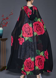 Beautiful Black Hooded Floral Print Chiffon Cardigan Spring