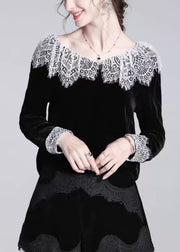 Beautiful Black Lace Patchwork Silk Velour T Shirt Winter