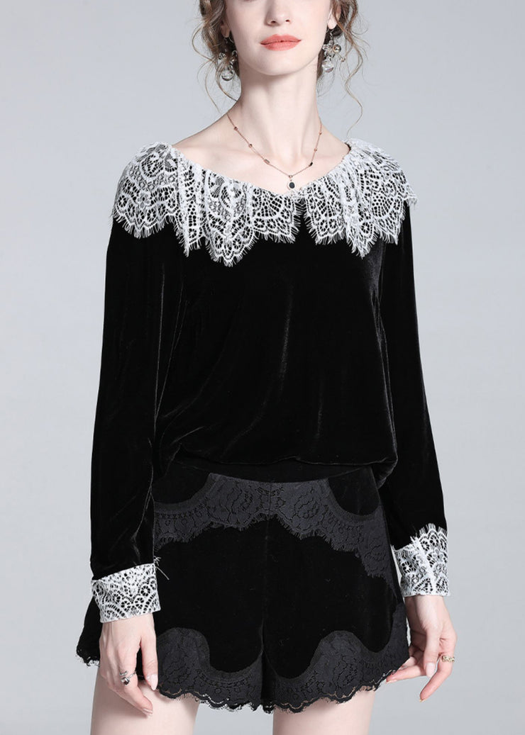 Beautiful Black Lace Patchwork Silk Velour T Shirt Winter