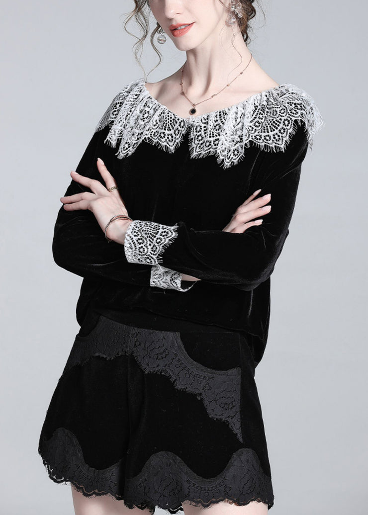 Beautiful Black Lace Patchwork Silk Velour T Shirt Winter