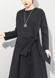 Beautiful Black O-Neck Asymmetrical Tie Waist Bow Top Long Sleeve