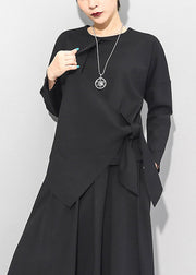 Beautiful Black O-Neck Asymmetrical Tie Waist Bow Top Long Sleeve