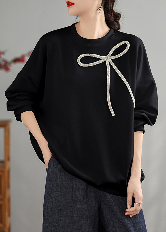 Beautiful Black O Neck Bow Cotton Pullover Top Spring