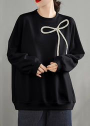 Beautiful Black O Neck Bow Cotton Pullover Top Spring