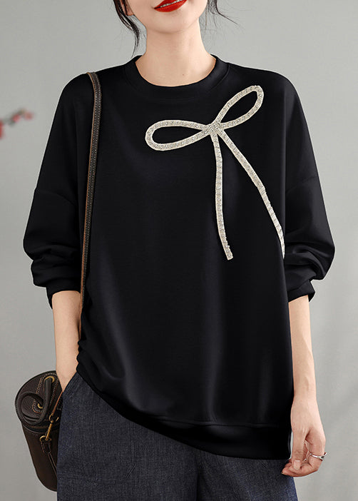 Beautiful Black O Neck Bow Cotton Pullover Top Spring