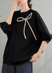 Beautiful Black O Neck Bow Cotton Pullover Top Spring