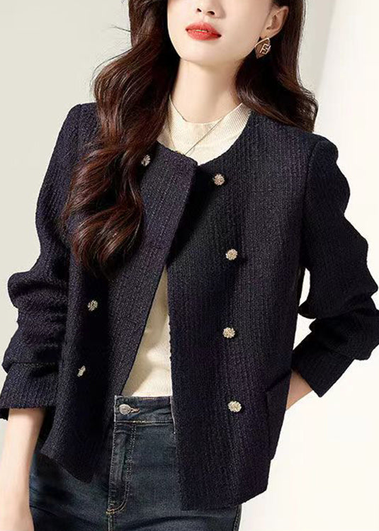 Beautiful Black O Neck Double Breast Patchwork Cotton Coats Fall