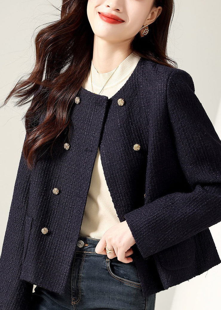 Beautiful Black O Neck Double Breast Patchwork Cotton Coats Fall