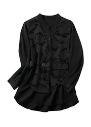 Beautiful Black O-Neck Floral Patchwork Fake Two Pieces Chiffon Top Fall