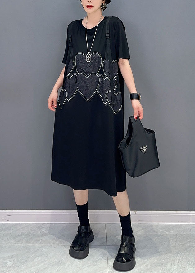 Beautiful Black O Neck Heart Patchwork Cotton Dresses Summer