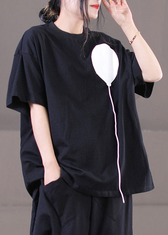 Beautiful Black O-Neck Patchwork Cotton Tanks Short Sleeve