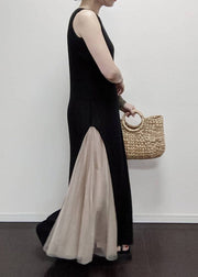 Beautiful Black O Neck Patchwork Tulle Long Dress Sleeveless