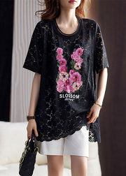 Beautiful Black O-Neck Print Hollow Out Lace Top Short Sleeve