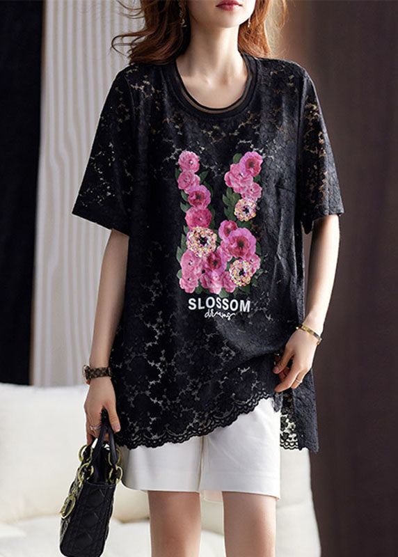 Beautiful Black O-Neck Print Hollow Out Lace Top Short Sleeve