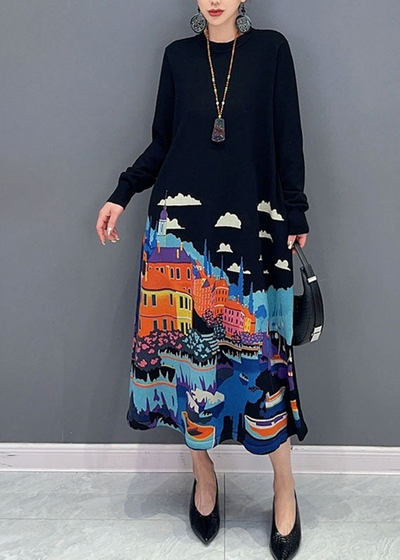 Beautiful Black O-Neck Print Knit Long Sweater Dresses Fall