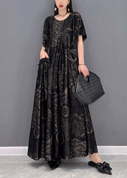 Beautiful Black flower O-Neck Print Pockets Long Dresses Short Sleeve