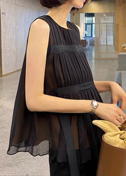 Beautiful Black O-Neck Tie Waist Chiffon Top Summer