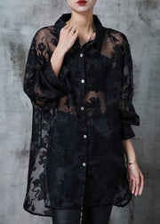 Beautiful Black Oversized Jacquard Tulle UPF 50+ Shirt Summer