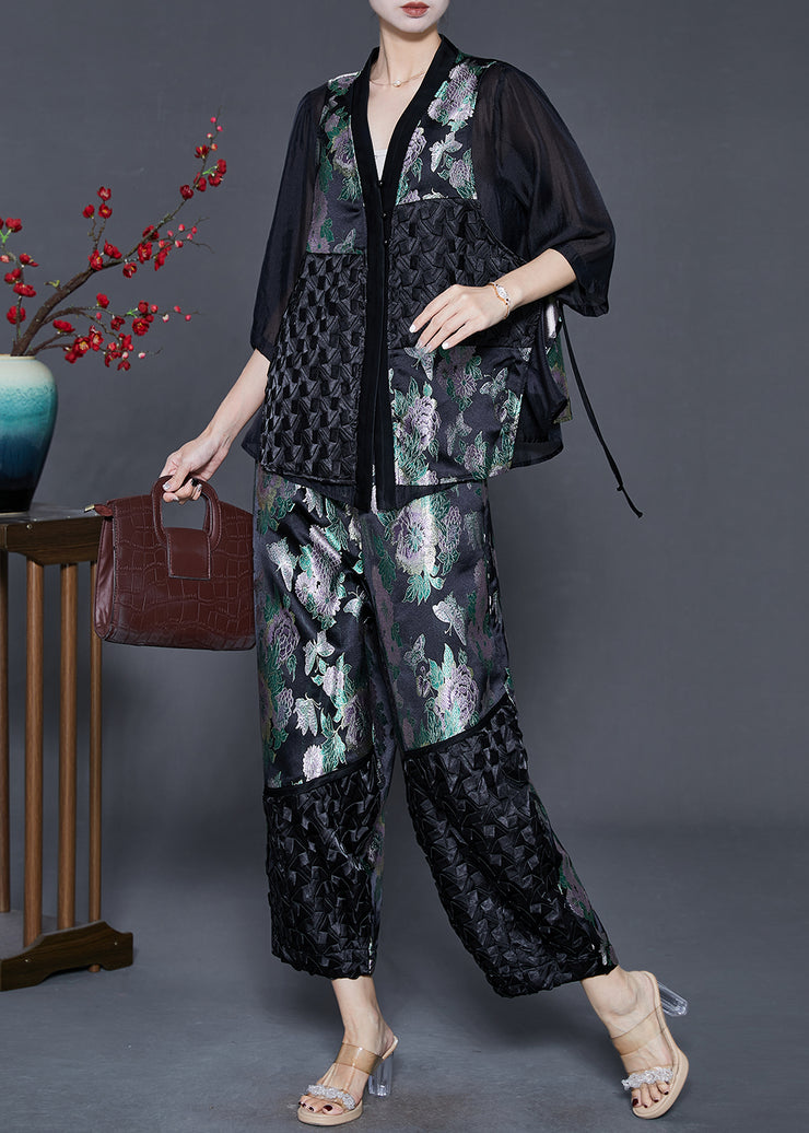 Beautiful Black Oversized Patchwork Silk Two Pieces Set Summer