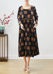 Beautiful Black Oversized Print Silk Velour Long Dress Fall