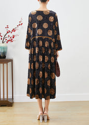 Beautiful Black Oversized Print Silk Velour Long Dress Fall