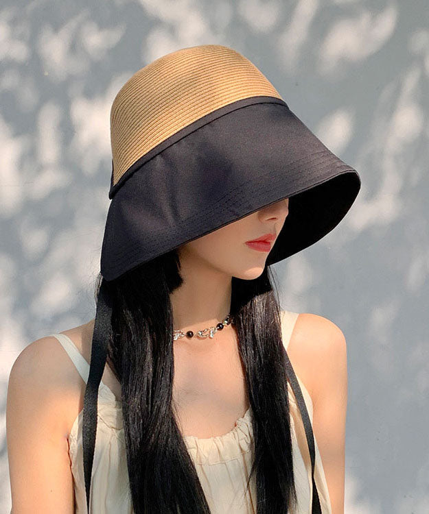 Beautiful Black Patchwork Bow Straw Woven Bucket Hat