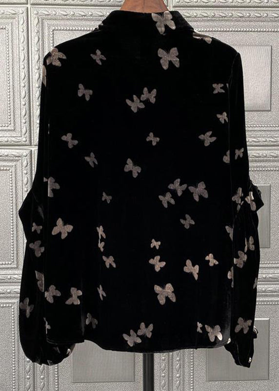 Beautiful Black Peter Pan Collar Print Button Velour Tops Fall