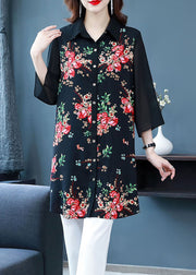 Beautiful Black Peter Pan Collar Print Patchwork Chiffon Shirts Bracelet Sleeve