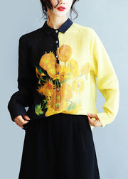 Beautiful Black Peter Pan Collar Sunflower Print Linen Shirt Fall