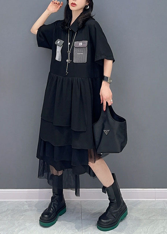 Beautiful Black Peter Pan Collar Wrinkled Patchwork Chiffon Dress Summer