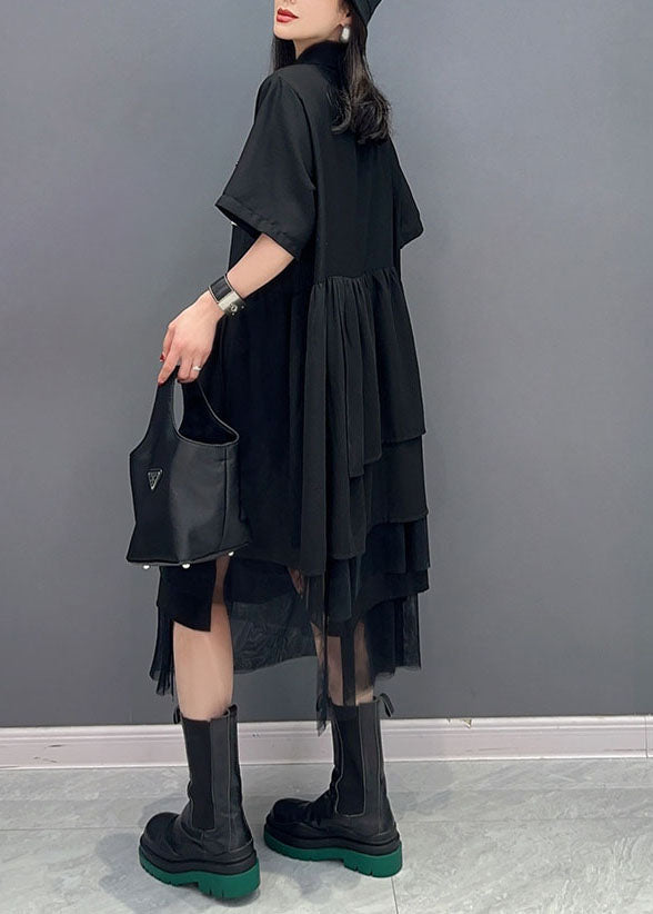 Beautiful Black Peter Pan Collar Wrinkled Patchwork Chiffon Dress Summer