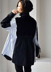 Beautiful Black Peter Pan Collar Wrinkled Striped Patchwork Low High Design Button Cotton Shirt Long Sleeve