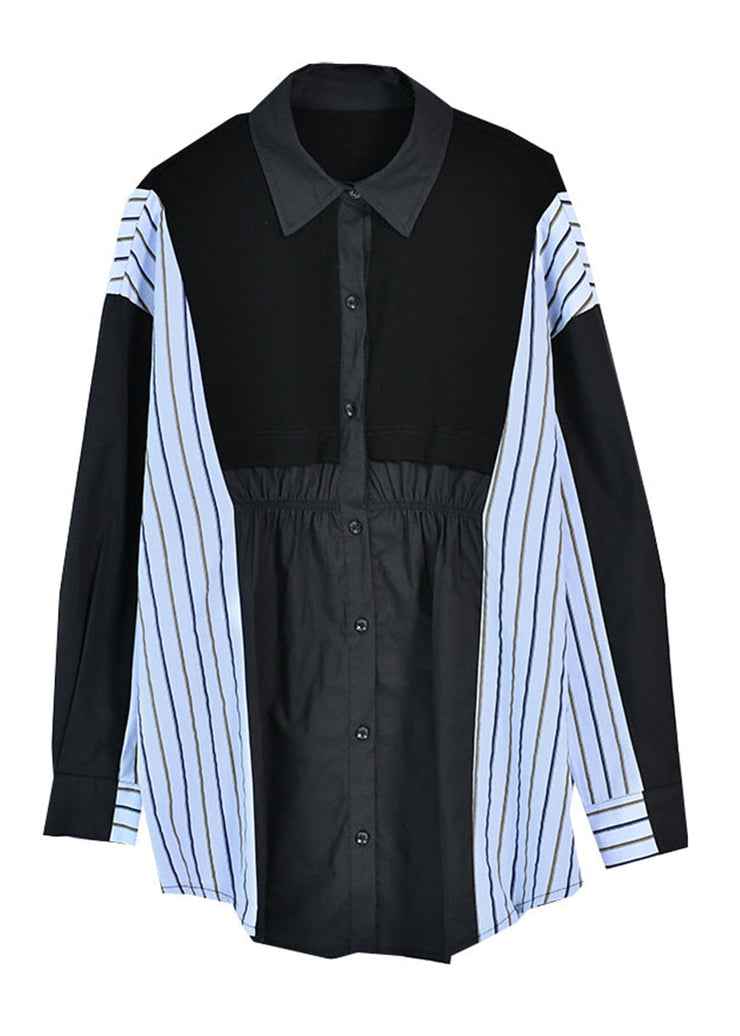 Beautiful Black Peter Pan Collar Wrinkled Striped Patchwork Low High Design Button Cotton Shirt Long Sleeve