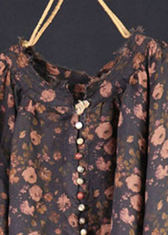 Beautiful Black Print Button Patchwork Linen Tops Spring