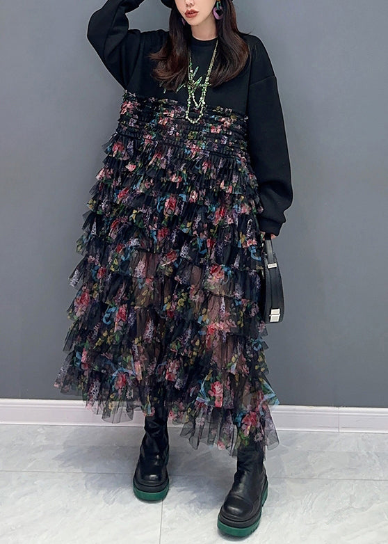 Beautiful Black Print Chiffon Patchwork Dresses Long Sleeve