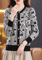 Beautiful Black Print Patchwork Knit Cardigan Long Sleeve