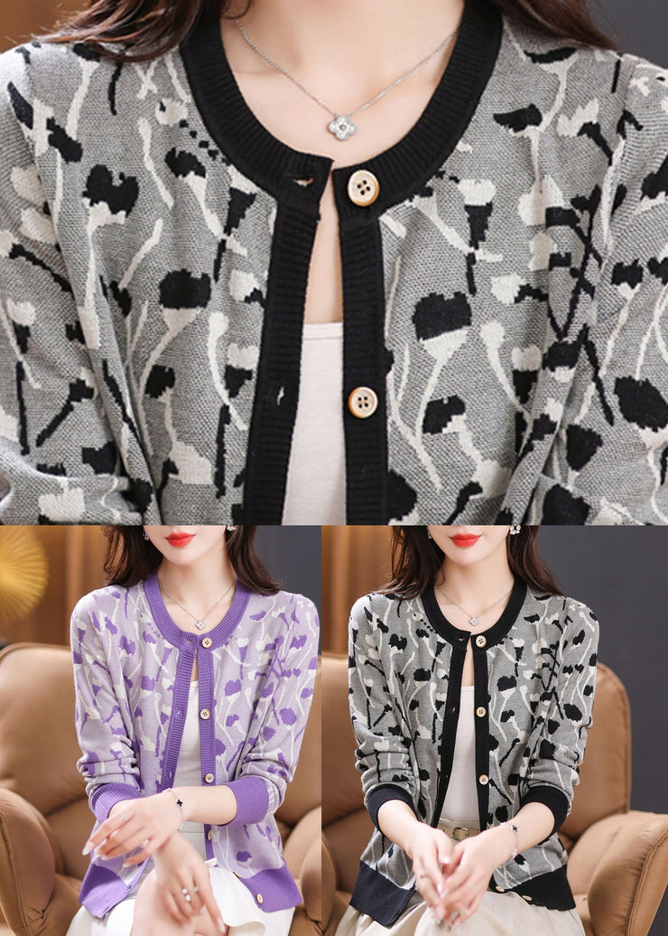 Beautiful Black Print Patchwork Knit Cardigan Long Sleeve