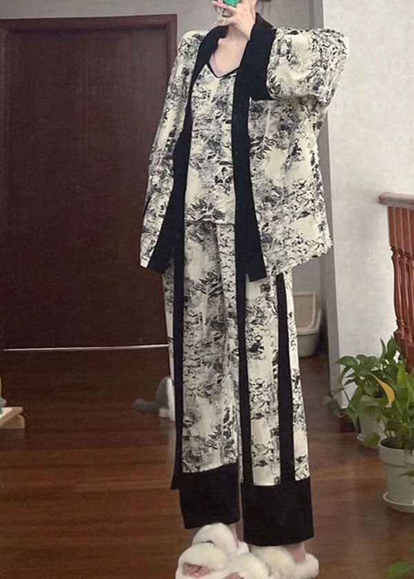 Beautiful Black Print Patchwork Thin Cotton Pajamas Pieces Set Summer