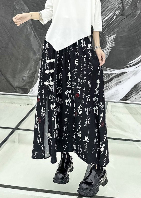 Beautiful Black Print Side Open Wrinkled Patchwork Cotton Skirts Summer