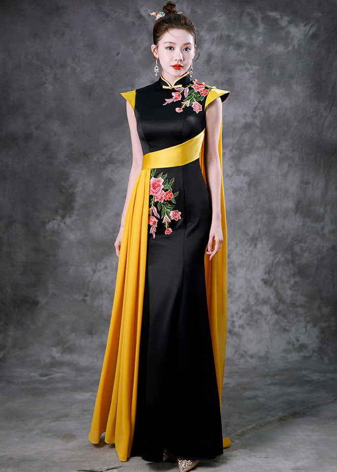 Beautiful Black Red Stand Collar Embroidered Ribbon Silk Maxi Fishtail Dresses Summer