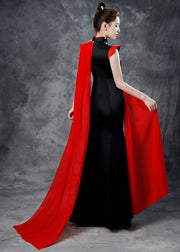 Beautiful Black Red Stand Collar Embroidered Ribbon Silk Maxi Fishtail Dresses Summer