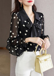 Beautiful Black Ruffled Dot Print Chiffon Shirts Spring