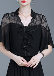 Beautiful Black Ruffled Lace Patchwork Chiffon Shirt Summer