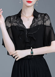 Beautiful Black Ruffled Lace Patchwork Chiffon Shirt Summer
