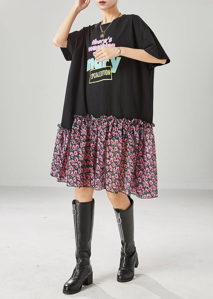 Beautiful Black Ruffled Patchwork Letter Print Cotton Robe Dresses Summer