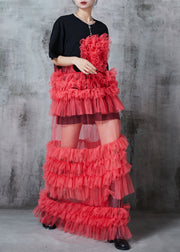 Beautiful Black Ruffled Patchwork Tulle Long Dress Summer